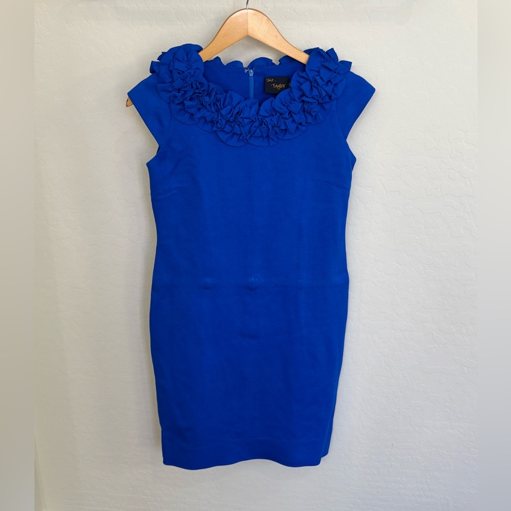 Taylor Electric Blue Ruffle-Neck Sheath Midi Dress, Size 4